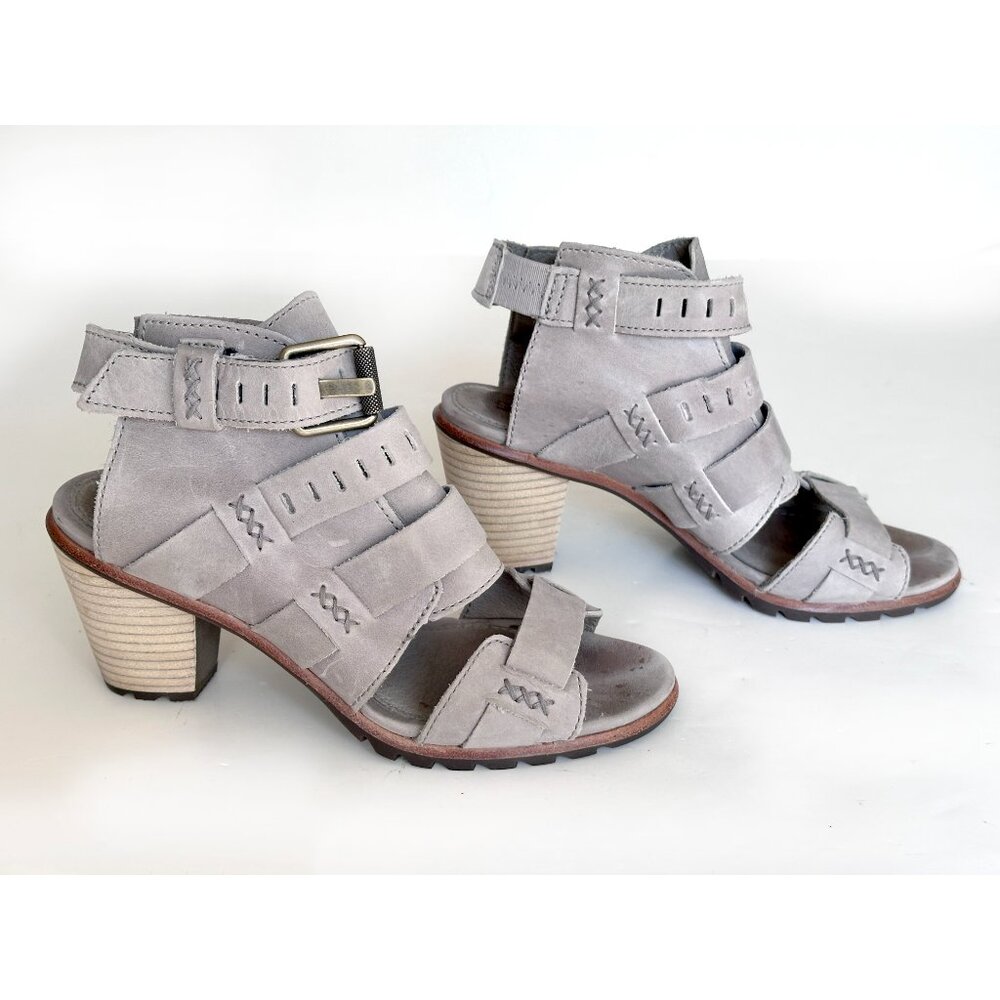 Sorel Leather Nadia Sandals Women 6.5 Peep Toe Heels Gray Strappy Buckles Boho - Picture 5 of 7